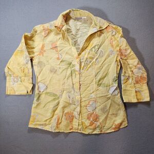 Harve Benard Women's L Button‎ Down Blouse V-Neck Linen Cotton Yellow 3/4 Sleeve